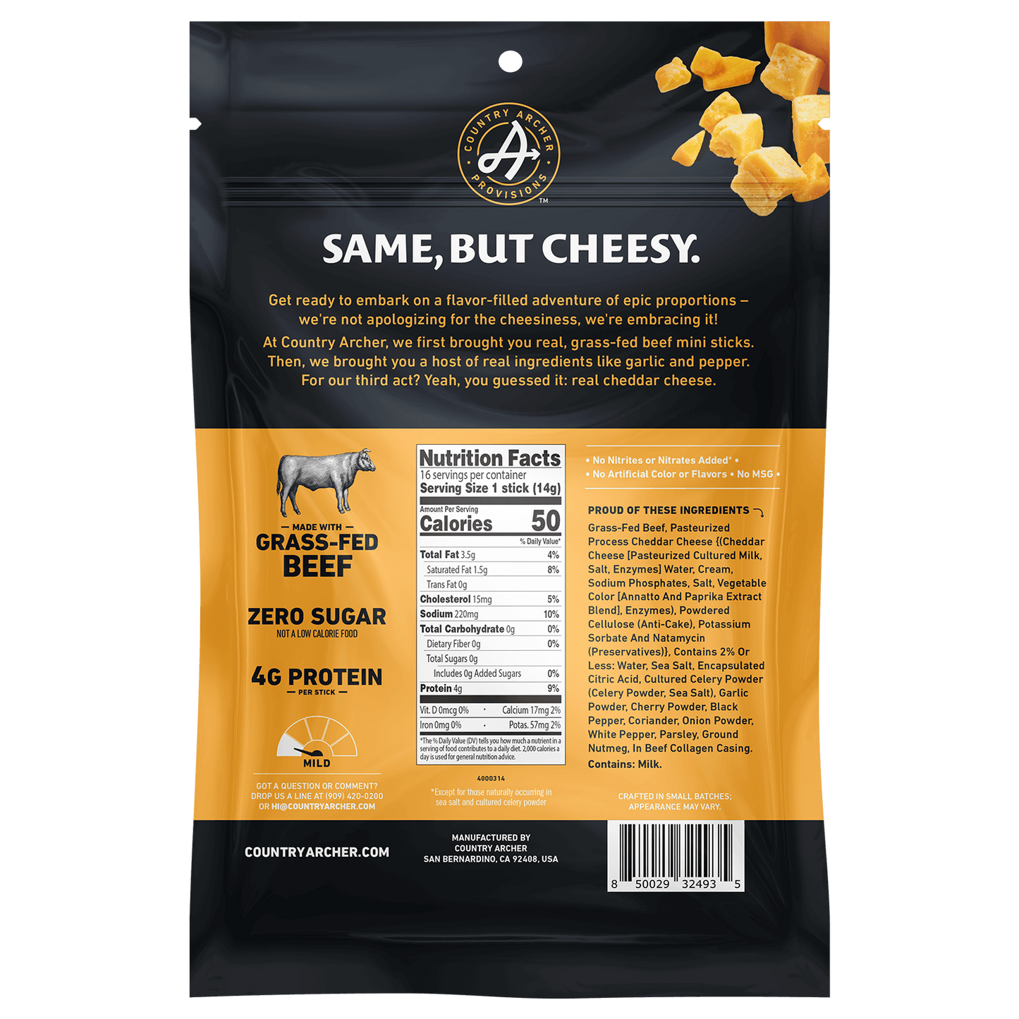 Country Archer Beef and Cheese Mini Sticks, back of bag