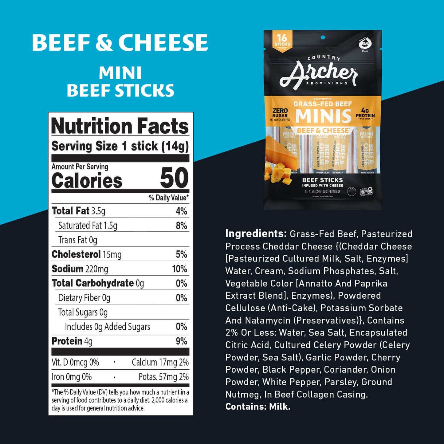 Country Archer Beef and Cheese Grass-Fed Mini Sticks nutritional information