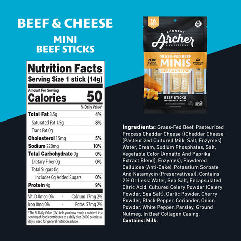 Country Archer Beef and Cheese Grass-Fed Mini Sticks nutritional information