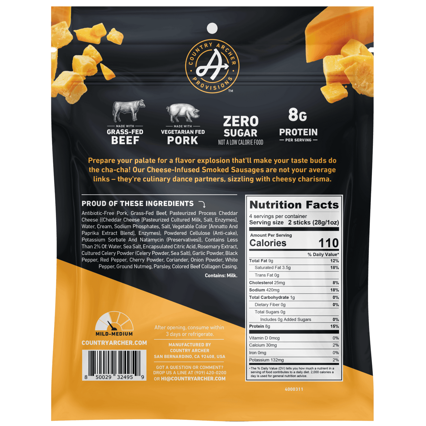 Country Archer Cheese-Infused Smoked Sausages, Zero Sugar Back of bag