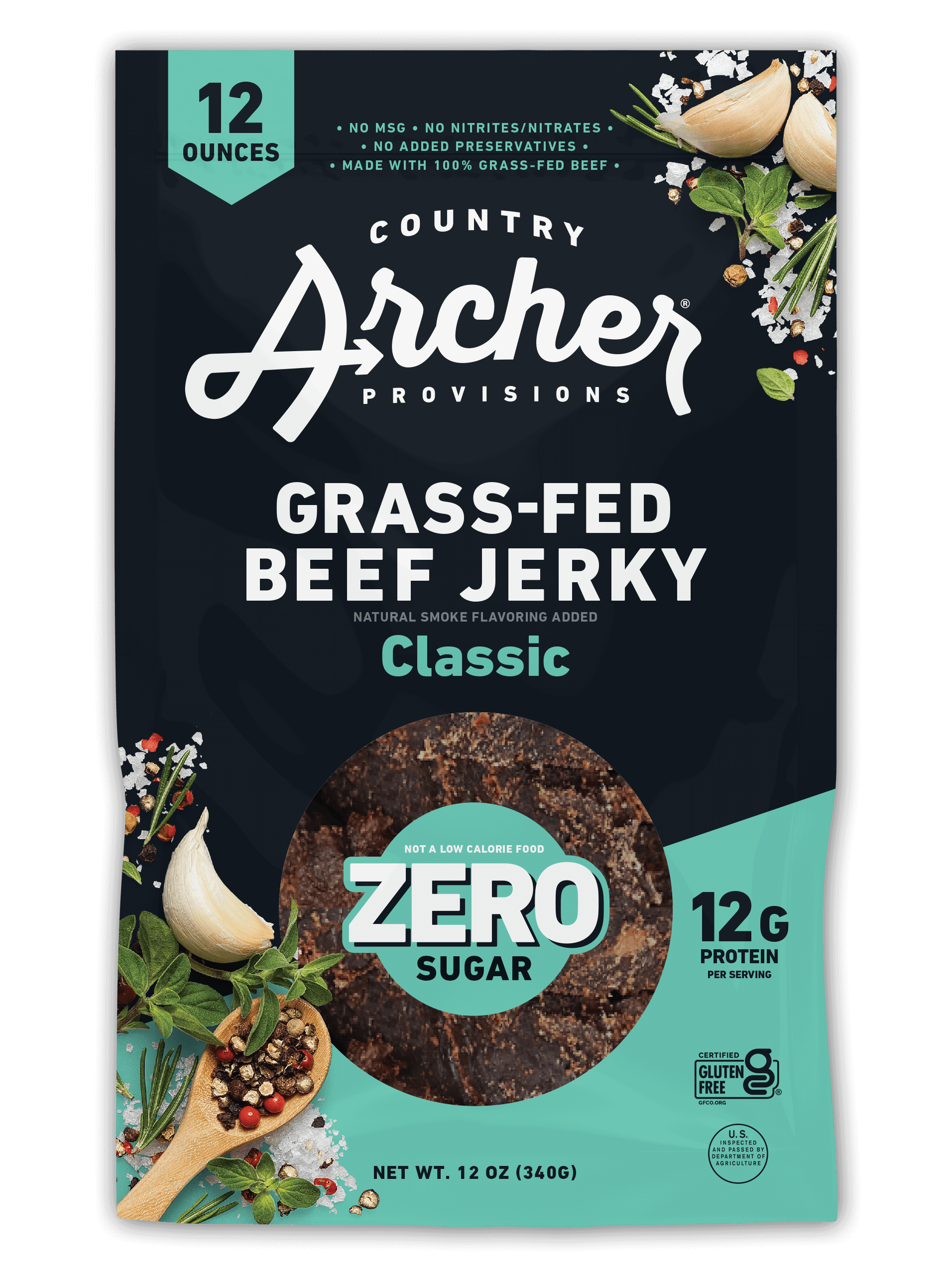 Country Archer Zero Sugar Classic Grass Fed Beef Jerky Front of Package.