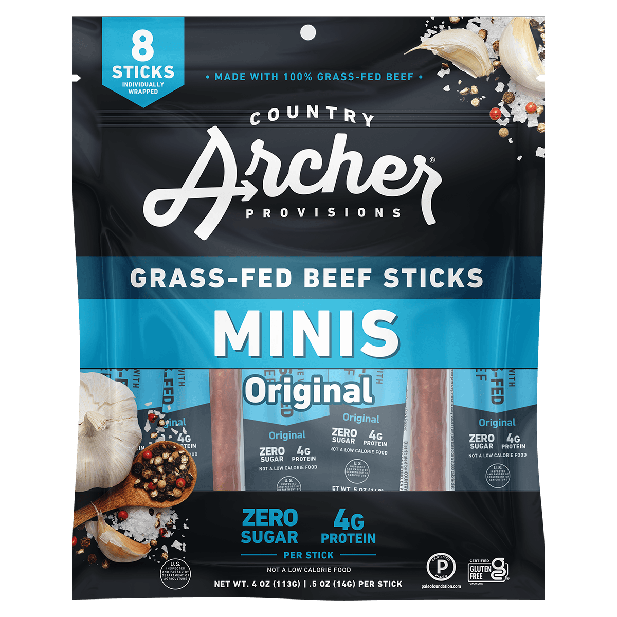  Mini Beef Sticks by Country Archer, Mini Beef Sticks, Beef - Gluten-Free - Grass, mini-beef-sticks, , 8ct Mini Sticks